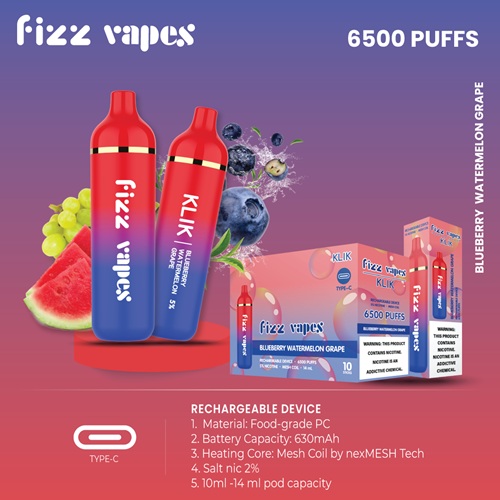 پاد یکبار مصرف بلوبری هندوانه انگور کلیک فیز ویپز <br><span>Fizz Vapes Blueberry Watermelon Grape Klik 6000 Puff</span>