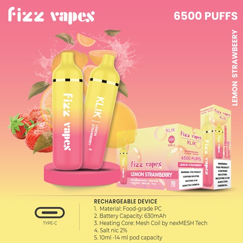 پاد یکبار مصرف لیمو توت فرنگی کلیک فیز ویپز <br><span>Fizz Vapes Lemon Strawberry Klik 6000 Puff</span>