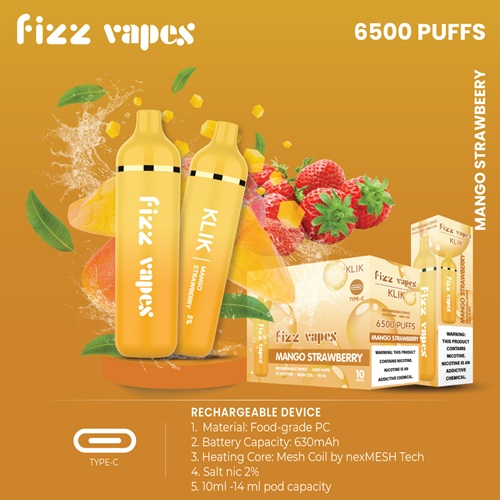 پاد یکبار مصرف انبه توت فرنگی کلیک فیز ویپز <br><span>Fizz Vapes Mango Strawberry Klik 6000 Puff</span>